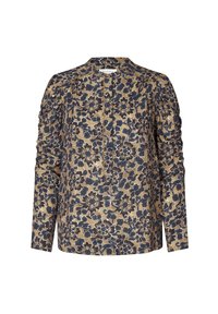 Blumenmuster Bluse mit langen Ärmeln in Beige und Marineblau, mit Rundhalsausschnitt, knopfverschluss an der Vorderseite und gerafften Schulterdetails. Strukturierter Stoffdesign.