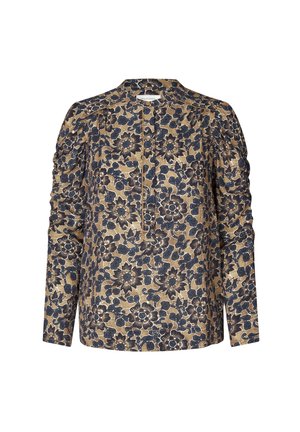Bloemige blouse met lange mouwen in beige en marineblauw, met een ronde halslijn, knoopsluiting aan de voorkant en geplooide schouderdetails. Gegarandeerd textielontwerp.