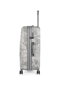Maleta rígida en gris claro con patrones abstractos en blanco, asa telescópica, ruedas dobles y cierre de cremallera.