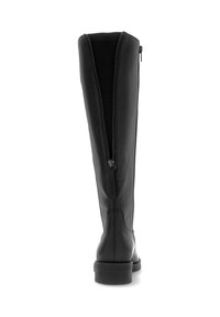 Botte noire en cuir, montant jusqu'au genou, avec une fermeture éclair à l'arrière, un bout arrondi et une semelle robuste. Texture lisse avec des coutures discrètes sur la tige.