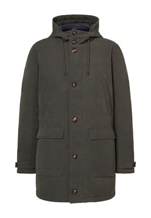 Olivgrüne Parka-Jacke mit Kapuze, braunen Knöpfen, zwei Fronttaschen und verstellbaren Kordelzügen. Glatte Stofftextur.