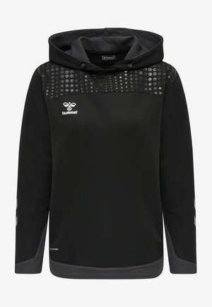 Czarna bluza z kapturem z teksturowanym szarym karczkiem z okrągłymi wzorami. Zawiera kaptur ze sznurkiem i logo na klatce piersiowej. Miękki, lekki materiał.