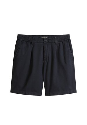 Men’s black casual shorts with elastic waistband, front button, zip fly, belt loops, and side pockets.