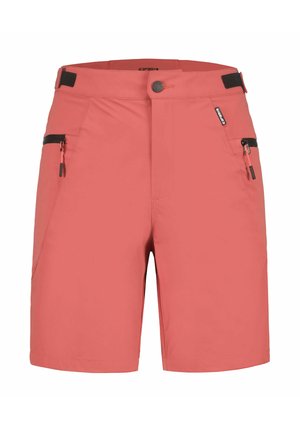 Koralfarvede shorts lavet af letvægtsstof, med to sidelommer med lynlås og en knaplukning. Glat tekstur med et lige snit.