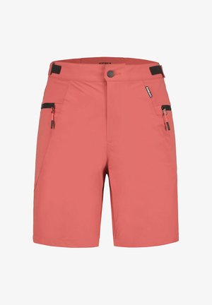 Korallowe szorty wykonane z lekkiego materiału, z dwoma bocznymi kieszeniami na zamek i zapięciem na guzik. Gładka faktura i prosty krój.