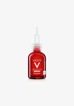Red Vichy Liftactiv Specialist B3 Serum bottle with clear dropper cap, containing 5% Niacinamide, on a white background.