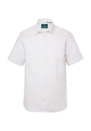 Camicia bianca a maniche corte in lino con colletto button-down, taschino frontale e sei bottoni. Motivo minimale, texture liscia.