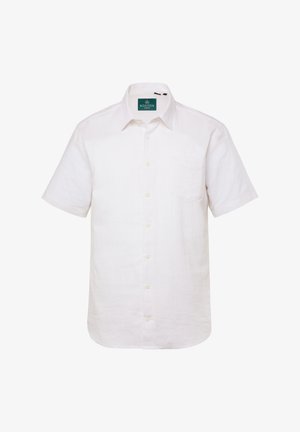 Camicia bianca a maniche corte in lino con colletto button-down, taschino frontale e sei bottoni. Motivo minimale, texture liscia.