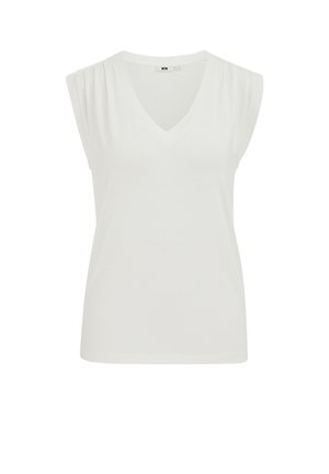 White sleeveless top with a V-neck, featuring gathered shoulder details and a smooth, lightweight fabric. Simple design, no patterns or accents.