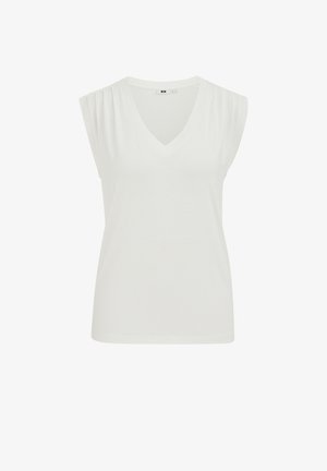 Balts, bez Piedurknēm krekls ar V-veida kakla izgriezumu, kam ir savilkts plecu detaļas un gluda, viegla auduma tekstūra. Vienkāršs dizains bez rakstiem vai akcentiem.