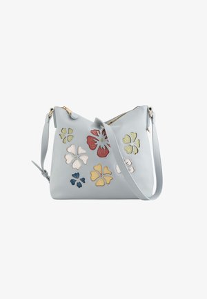 Geantă de umăr din piele de culoare albastru deschis, cu broderie florală în nuanțe de roșu, galben, alb și verde. Dispune de un singur curea pentru umăr și închidere cu fermoar.