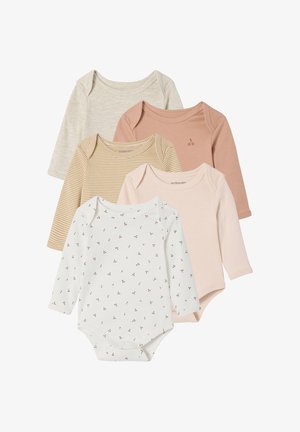 Five long-sleeve baby bodysuits in soft cotton. Colors include beige, pink, and white with cherry patterns and horizontal stripes.