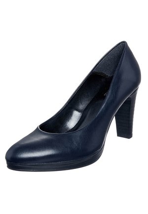 Granatowe skórzane szpilki z zaokrąglonym noskiem, gładkim wykończeniem i teksturowanym obcasem słupkowym. Wnętrze wyposażone w błyszczące wykończenie.
