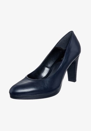 Escarpin en cuir bleu marine à talon haut avec un embout arrondi, finition lisse et talon bloc texturé. L'intérieur présente un revêtement brillant.
