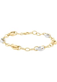 Gold and silver metal bracelet with alternating oval and circular links, featuring a lobster clasp and smooth, polished surfaces.