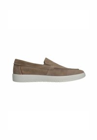 Slip-on shoes made of light brown suede with a smooth texture, featuring a white rubber sole and minimal stitching details.