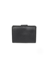 Czarny skórzany portfel o teksturowanym wykończeniu, prostokątnym kształcie i zamknięciu na górze. Minimalistyczny design bez widocznych elementów metalowych ani ozdób.
