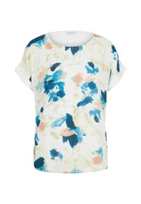 Blusa floral con mangas cortas, cuello redondo y corte holgado. Fabricada en una tela ligera con patrones en acuarela en azul, rosa y verde.