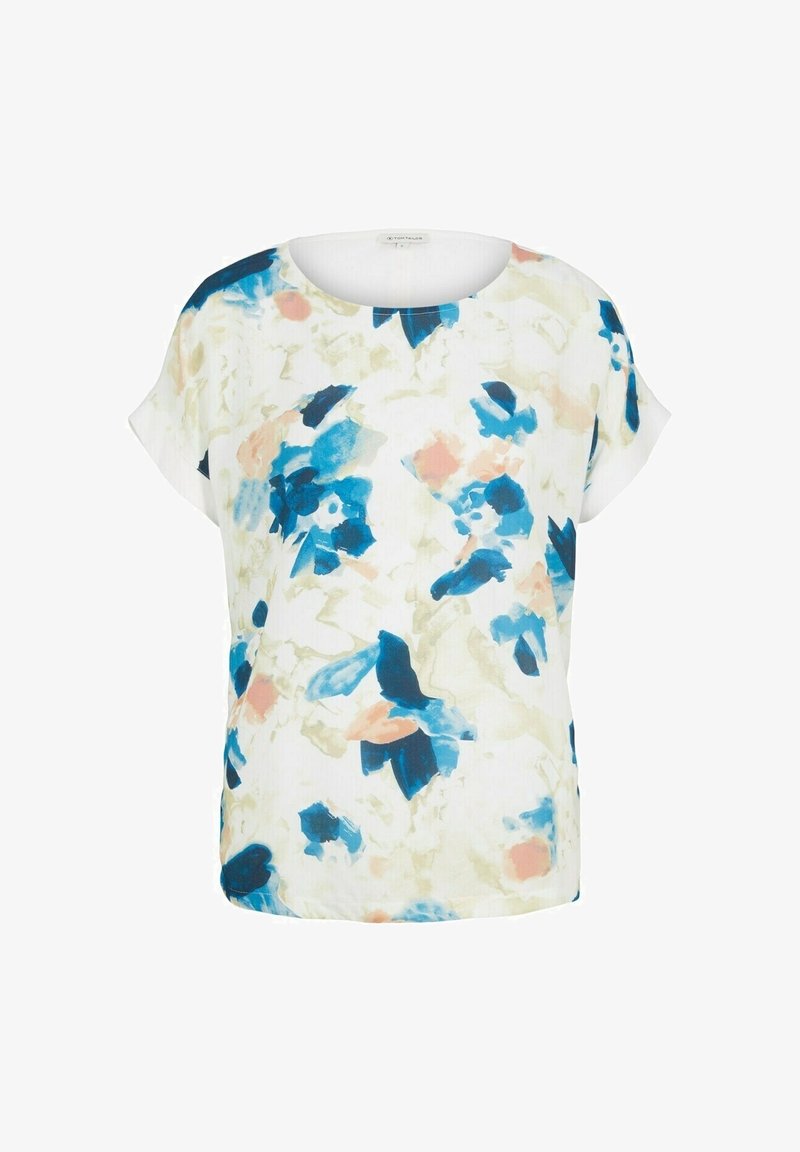 Blommig blus med korta ärmar, rund hals och avslappnad passform. Tillverkad av lättviktig tyg med blå, rosa och gröna akvarellmönster.