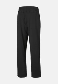 Schwarze Sporthose mit einem Kordelzugbund, schmal zulaufenden Beinen und glatter Textur. Keine auffälligen Muster oder sichtbaren metallischen Details.