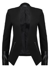 Černé sako s otevřeným předním dílem, dlouhými rukávy s koženými detaily a bočními kapsami na zip. Hladká látka se strukturovaným střihem.