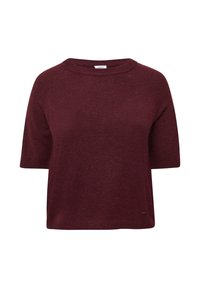Bordeauxfarbener Kurzarm-Strickpullover mit rundem Ausschnitt, Raglanärmeln und strukturierter Optik. Kleines Logo-Detail am Saum.