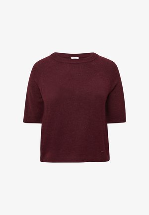 Maglione a maniche corte color bordeaux con scollatura rotonda, maniche raglan e una finitura testurizzata. Dettaglio del logo piccolo lungo l'orlo.