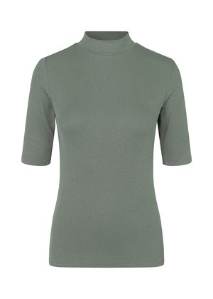 Camică scurtă din bumbac ribbed, de culoare verde mentă, cu un guler înalt. Textură moale, design ajustat și construcție fără cusături pe umeri și mâneci.