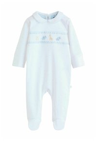Body bianco per neonato con maniche lunghe, motivo a pois e colletto. Presenta un motivo animale ricamato in colori pastello sul petto.
