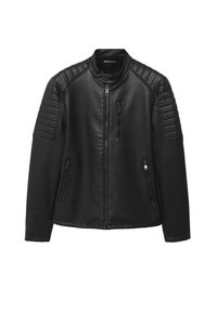 Veste en similicuir noir avec panneaux matelassés aux épaules, col montant avec bouton-pression, et fermeture éclair devant et aux poches.