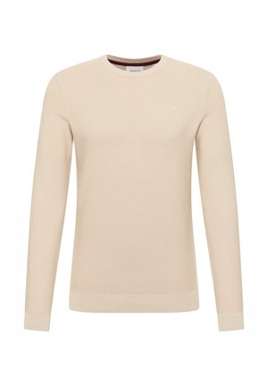 Suéter beige de manga larga con cuello redondo, textura acanalada y sutil acento de logo en el pecho. Tela suave y silueta ajustada.