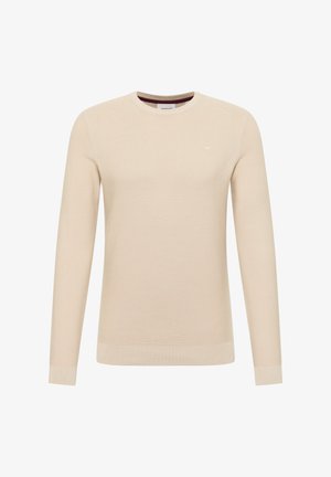 Pulover bej cu mâneci lungi, guler rotund, textură tip plasă și un mic accent subtil cu logo pe piept. Material moale și croială mulată.