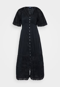 Robe noire avec un décolleté en V, des manches courtes et un devant à boutons. Présente des dentelles et des volants superposés au niveau de l'ourlet. Tissu léger et texturé.
