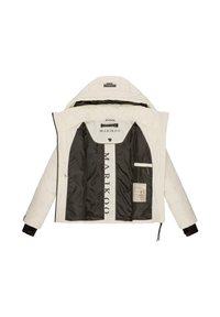 White quilted jacket with a black interior, featuring the brand name "MARKOO" printed inside and a pocket with a label.
