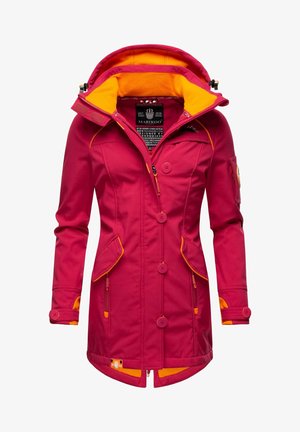 Veste imperméable rose avec des accents orange, capuche, boutons-pression, poches latérales et doublure chaude. Comprend des manches articulées et des fermetures éclair.