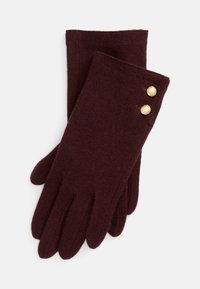 Burgundy ullhandskar med en mjuk textur, med en åtsittande design och två dekorativa guldfärgad knappar nära handleden.