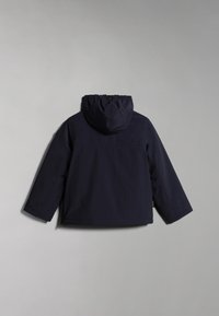 Giacca blu navy con cappuccio, caratterizzata da una texture liscia, maniche lunghe e una vestibilità rilassata. Nessun hardware visibile o motivi.