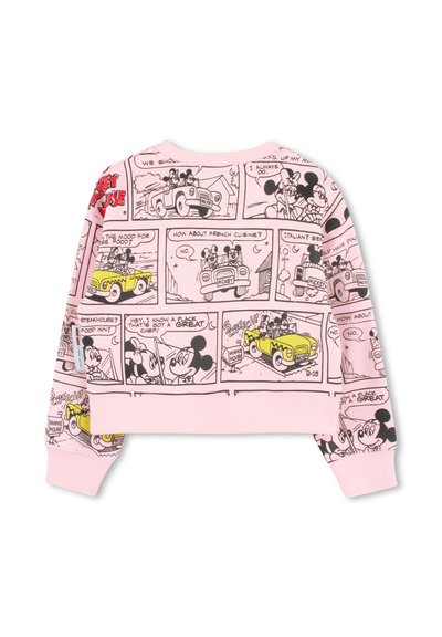 Felpa rosa con stampa in stile fumetto di Topolino e Minnie Mouse in contorni neri. Polsini e orlo a coste, design cropped.