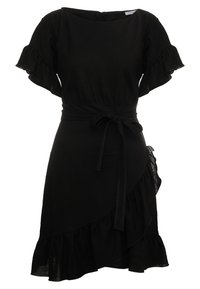 Vestido negro de manga corta cruzado con mangas fruncidas, dobladillo asimétrico y cinturón anudado en la cintura.