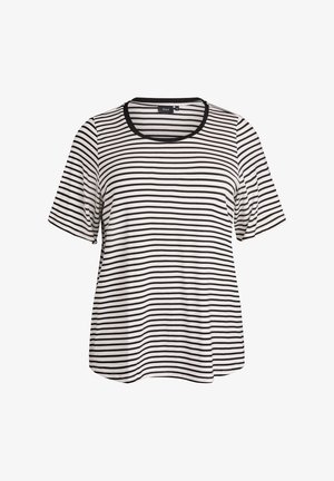 Majica kratkih rukava s crno-bijelim prugama, okruglog dekoltea, izrađena od mekog materijala, s ležernim krojem i šivenim rubovima.
