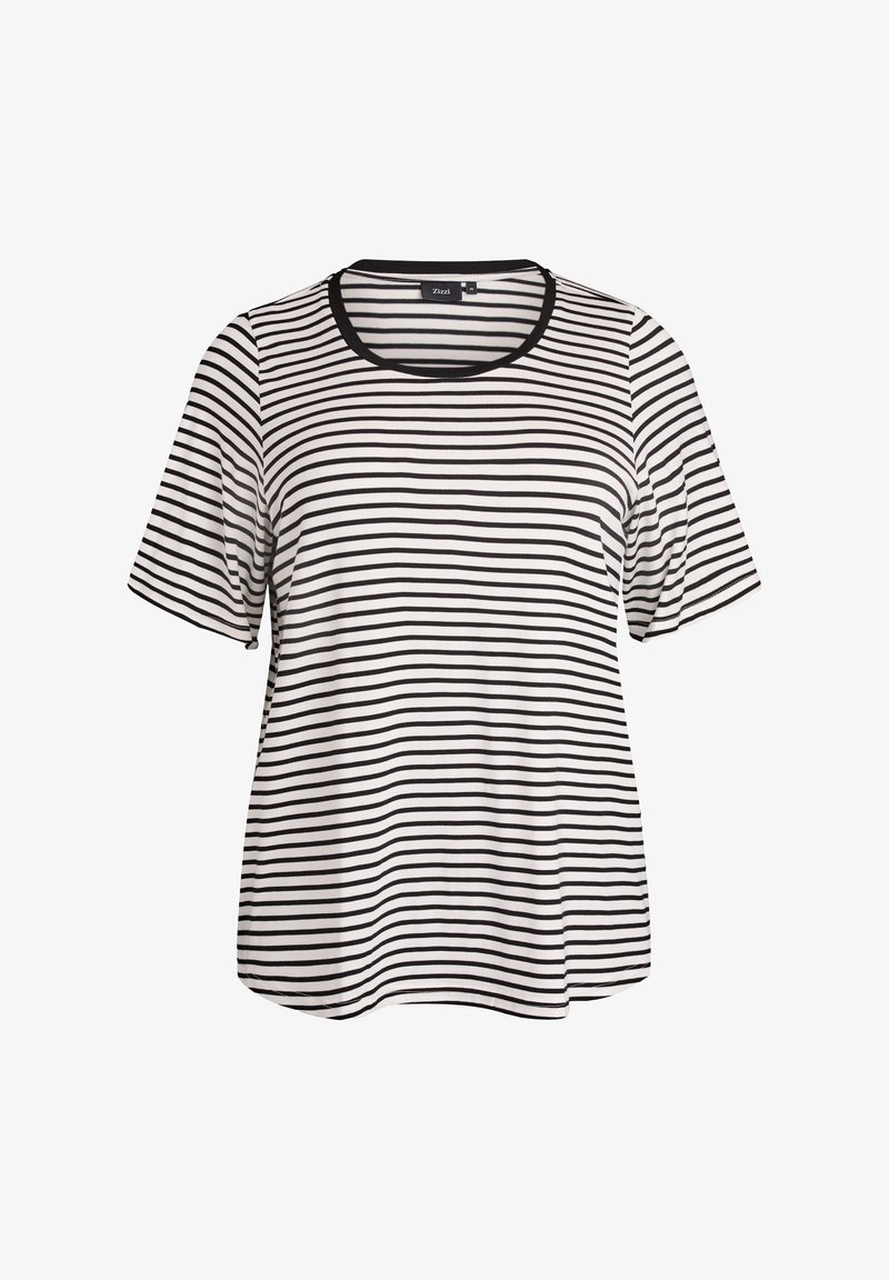 Čierno-biely pruhovaný tričko s krátkym rukávom a okrúhlym výstrihom, vyrobené z jemnej látky, s pohodlným strihom a prešitými okrajmi.
