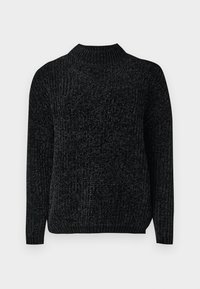 Pull en maille chenille noire avec manches longues et col montant côtelé, présenté sur fond blanc.
