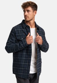 Navy plaid flannel jacket with a button-up front, chest pocket, and contrasting inner lining. Textured fabric, long sleeves, and relaxed fit.