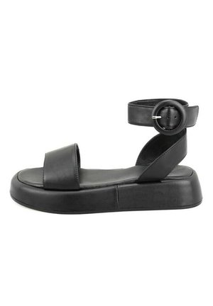 Black platform sandals with a smooth synthetic leather upper. Features a wide front strap and an adjustable ankle strap with a circular buckle.