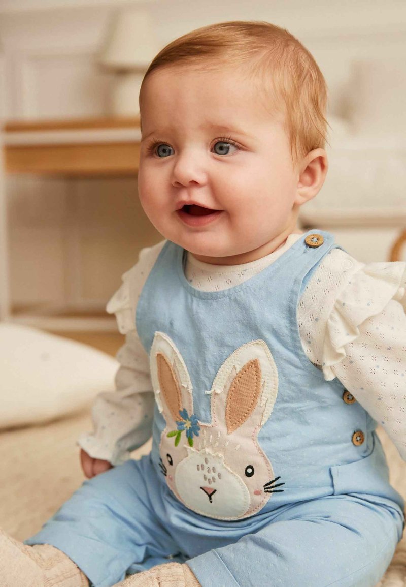 Next BABY 2 PIECE WOVEN DUNGAREES AND BODYSUIT Peto blue bunny/azul