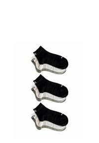 Drei Paar Knöchelsocken mit schwarzem Oberteil, weißen und grauen gestreiften Füßen, mit einem Logo am Knöchel und einem weichen Stoffgefühl.