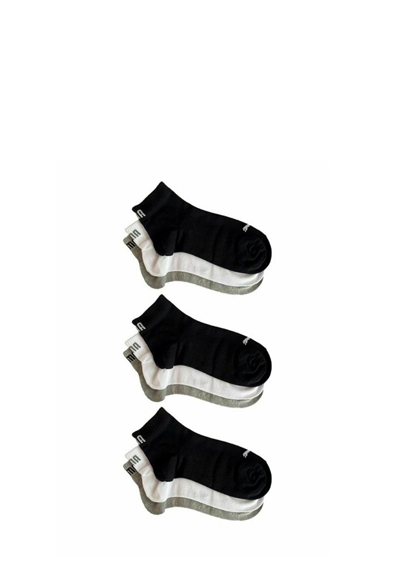 Drei Paar Knöchelsocken mit schwarzem Oberteil, weißen und grauen gestreiften Füßen, mit einem Logo am Knöchel und einem weichen Stoffgefühl.
