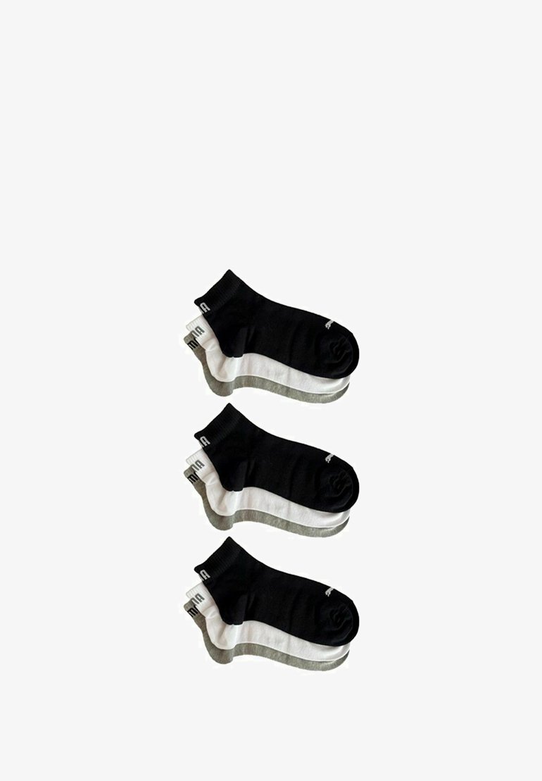 Drei Paar Knöchelsocken mit schwarzem Oberteil, weißen und grauen gestreiften Füßen, mit einem Logo am Knöchel und einem weichen Stoffgefühl.