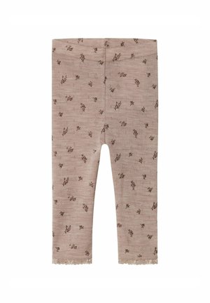 Rosa Leggings aus einem weichen, strukturierten Stoff, mit einem floralen Muster in Braun und zarter Spitze am Saum.