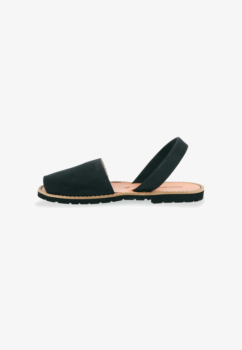 Black suede slingback sandals with a low profile, round toe, and rubber sole. Minimalist design features a smooth texture and simple silhouette.